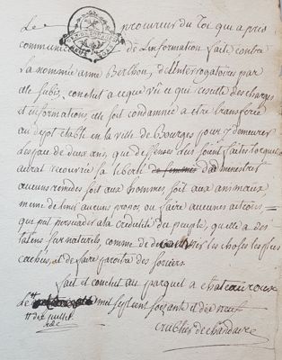 Procès d'Anne Berthon (Archives départementales de l'Indre, 1 B 466)